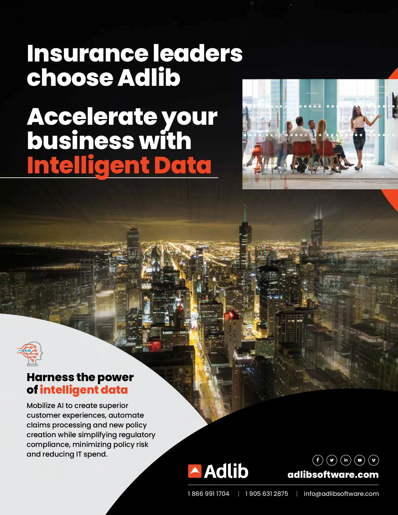 An Adlib full-page ad headlined Insurance leaders choose Adlib, over a night skyline, with the red Adlib wordmark.