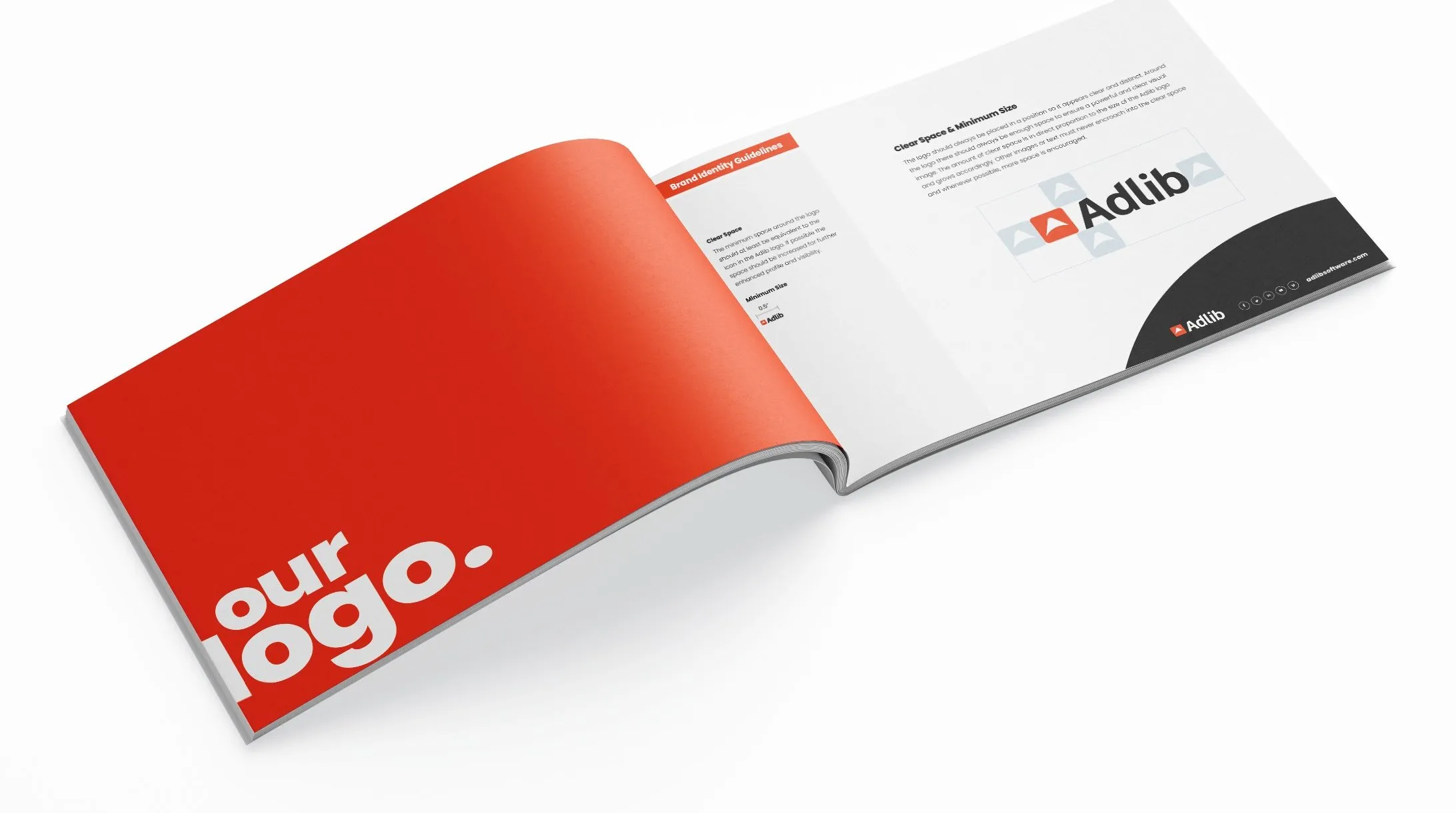 The Adlib brand guidelines open to an orange spread reading our logo.