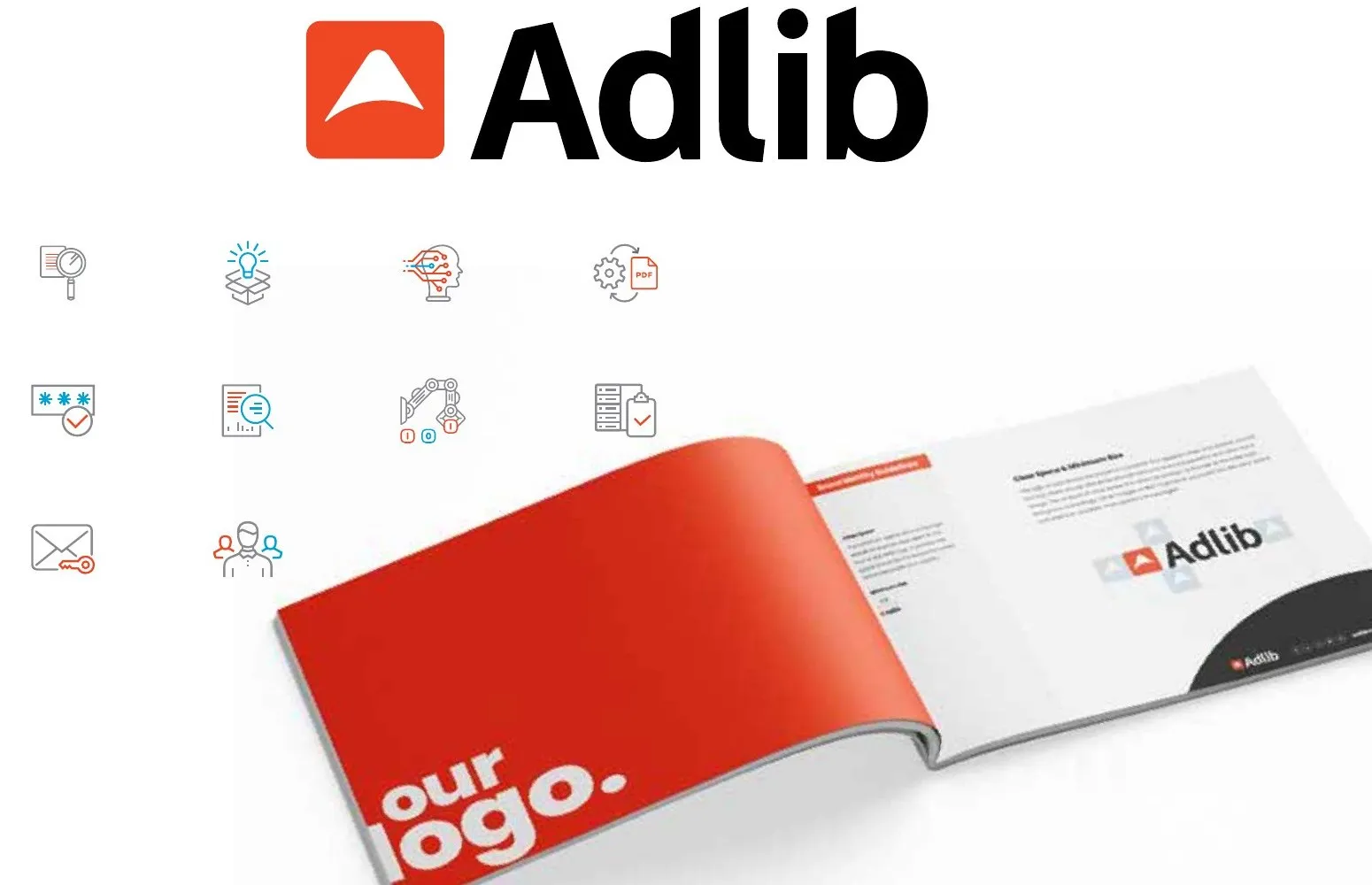 The Adlib logo, an orange square with an upward arrow shape beside the wordmark, above a set of line icons and the open brand guidelines.