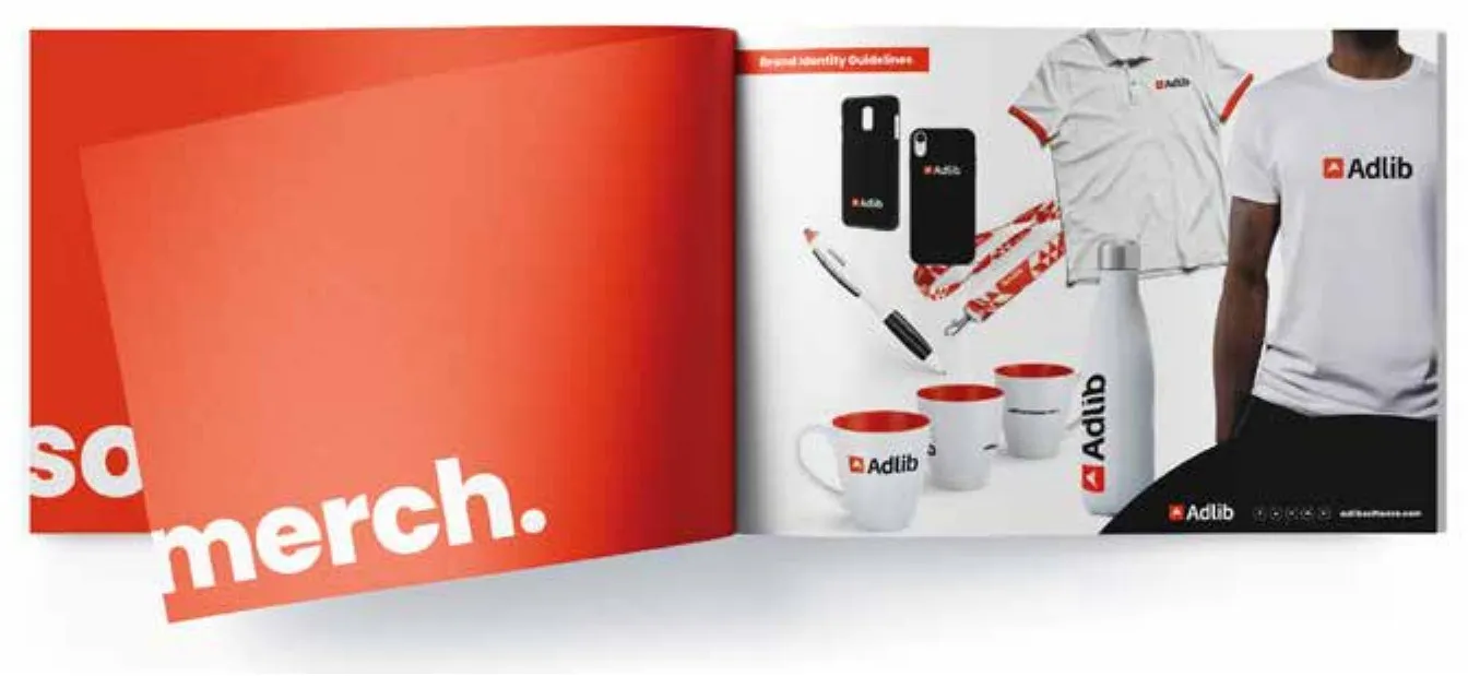 A brand guidelines spread reading merch, showing Adlib branded mugs, phone cases, a water bottle, a lanyard and t-shirts.