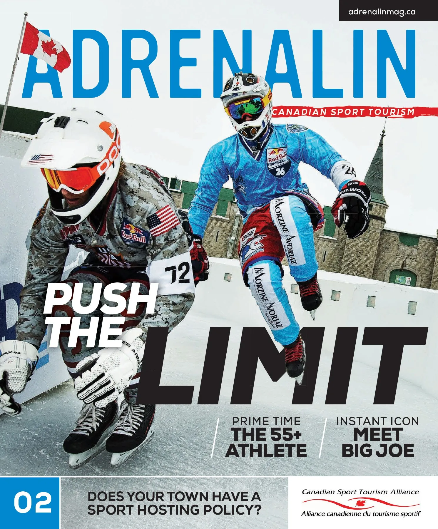 The Fall 2014 cover of Adrenalin. Ski cross racers fly over a jump under the headline Push the Limit.