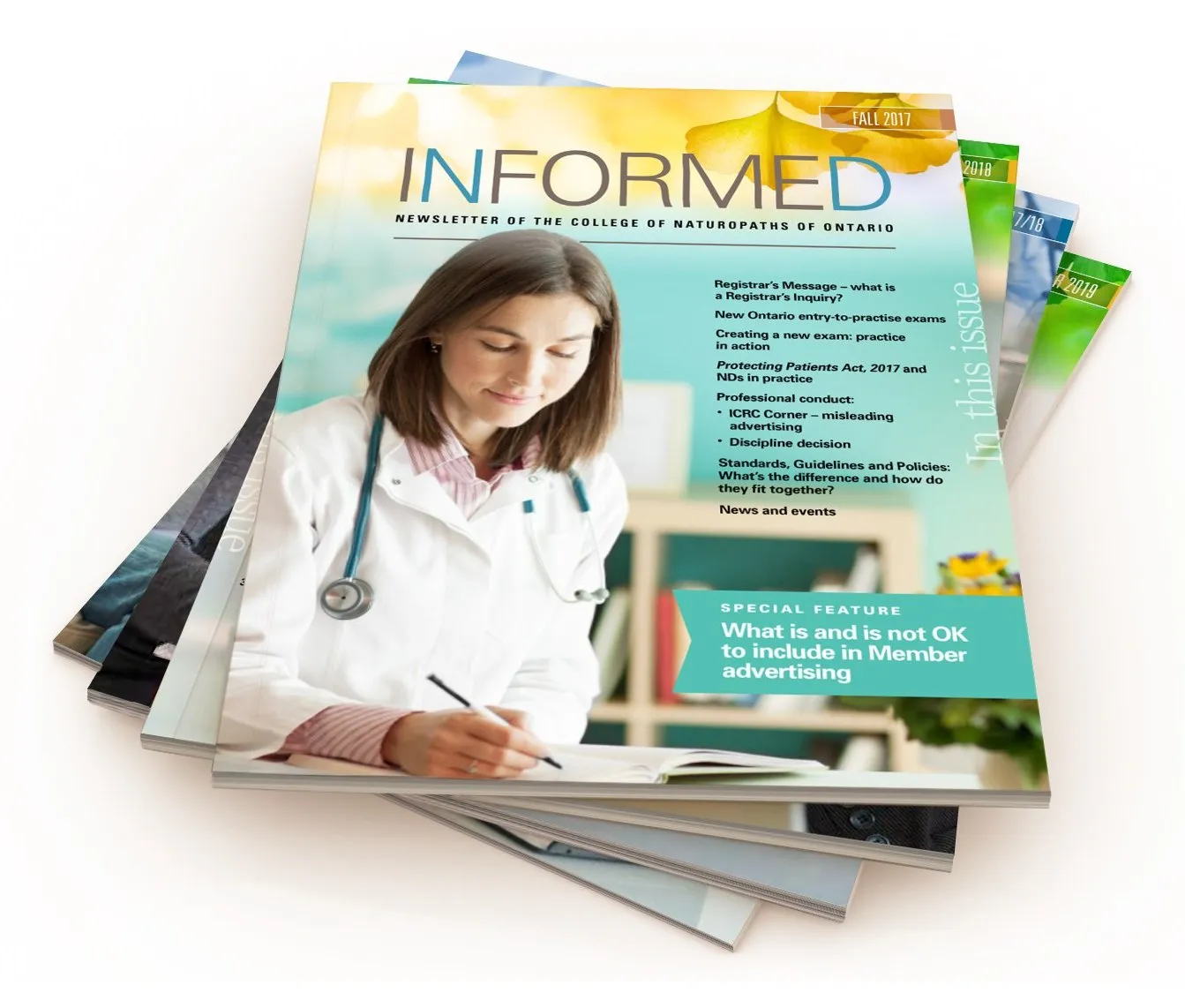 A stack of INFORMED newsletters for the College of Naturopaths of Ontario, with a photographic cover of a naturopathic doctor.