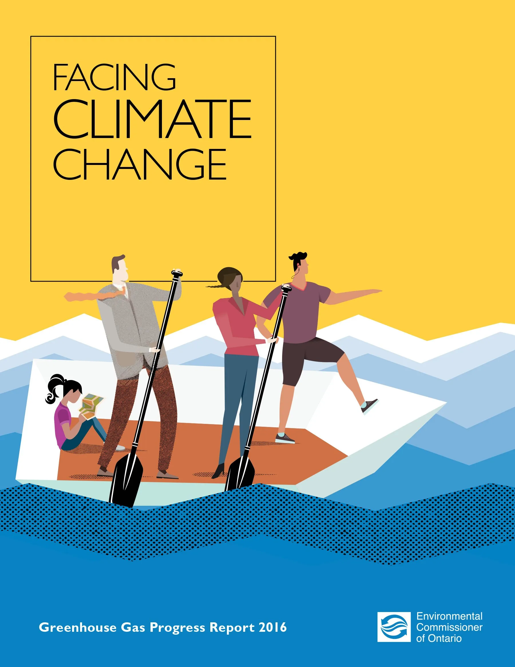 The cover of Facing Climate Change, the 2016 Greenhouse Gas Progress Report. Flat illustrated figures paddle and hike across stylized blue waves on a yellow ground.