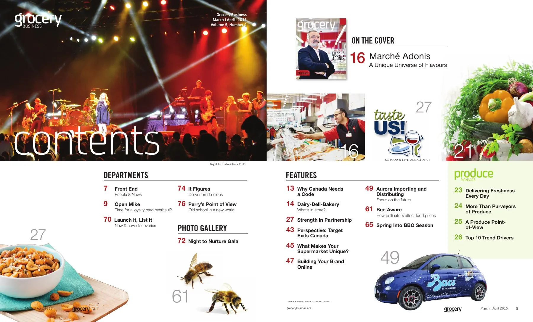 The contents spread, with a concert photo and product shots.