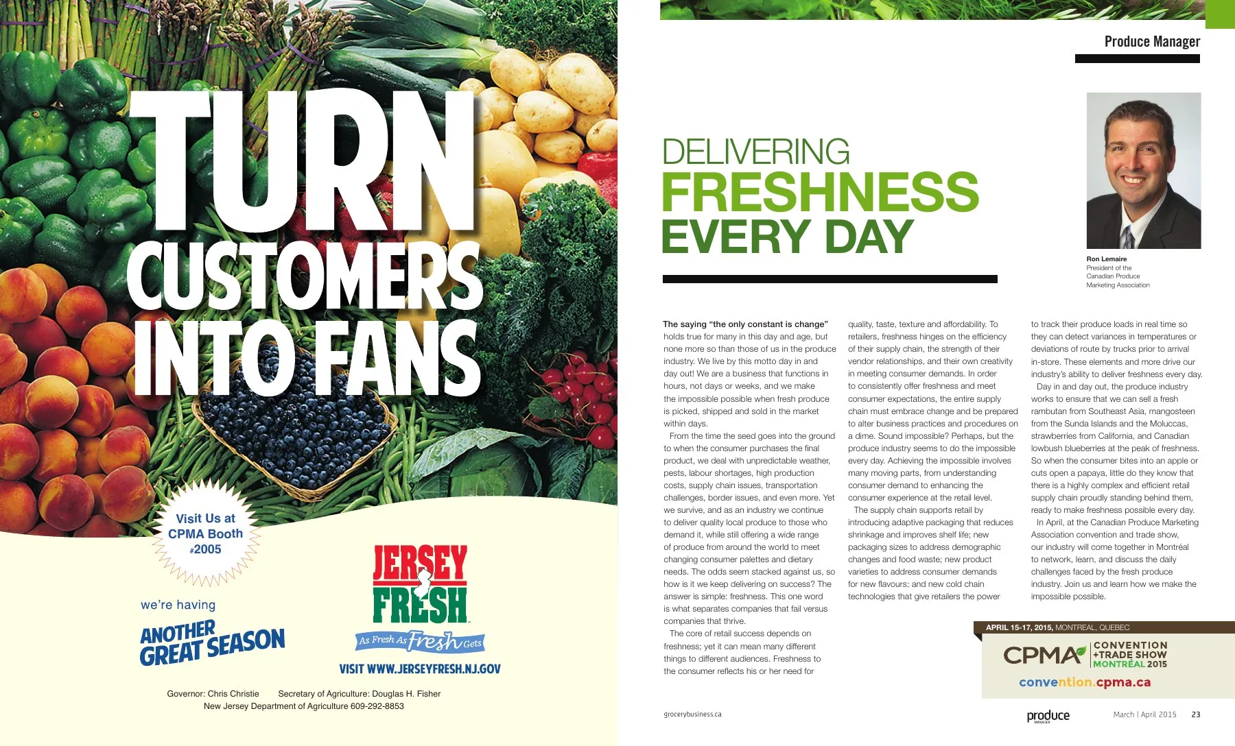 The produce section opener, Turn Customers into Fans, beside a feature on delivering freshness every day.