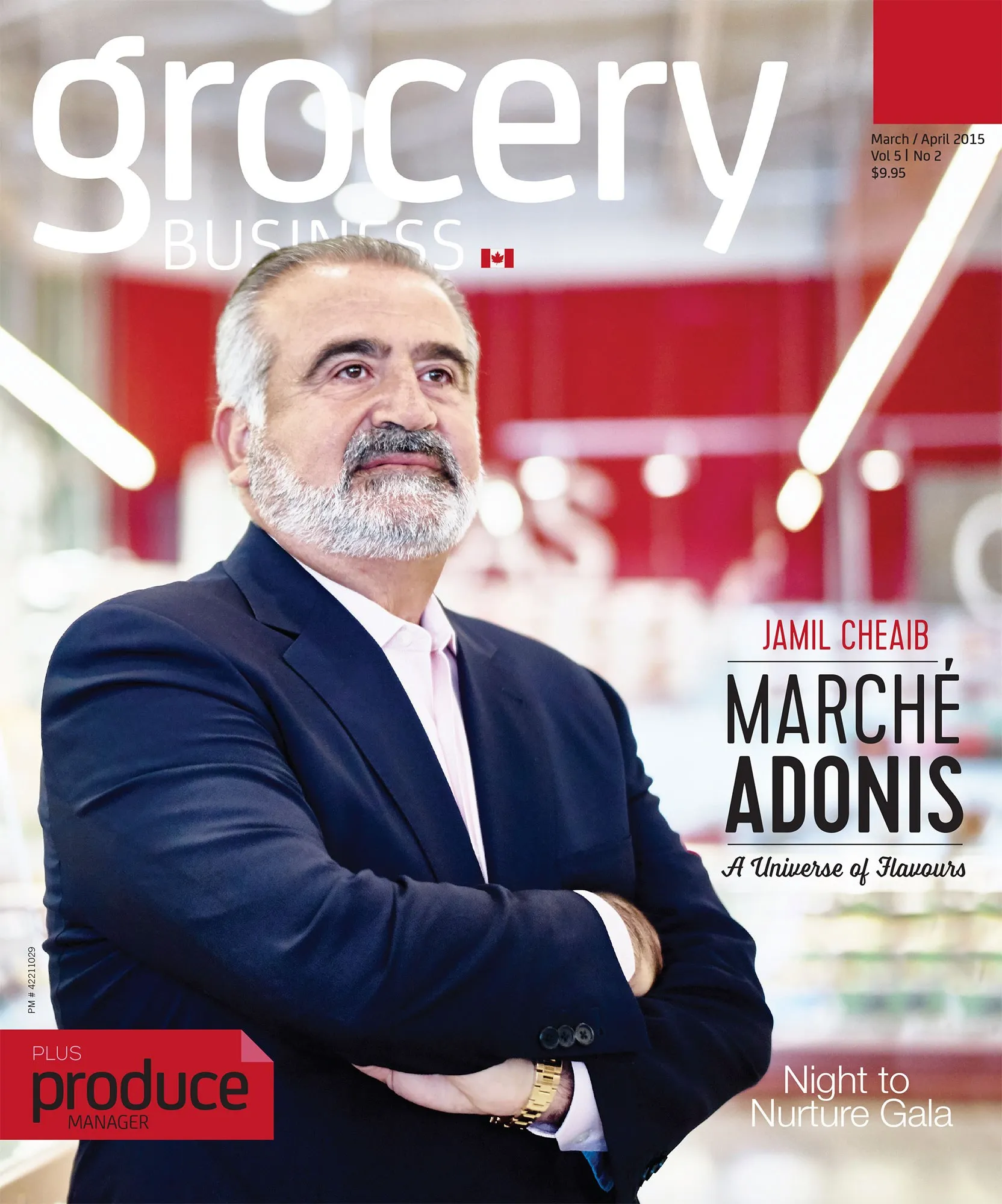 The March/April 2015 cover of Grocery Business, with grocer Jamil Cheaib of Marché Adonis in a navy blazer.