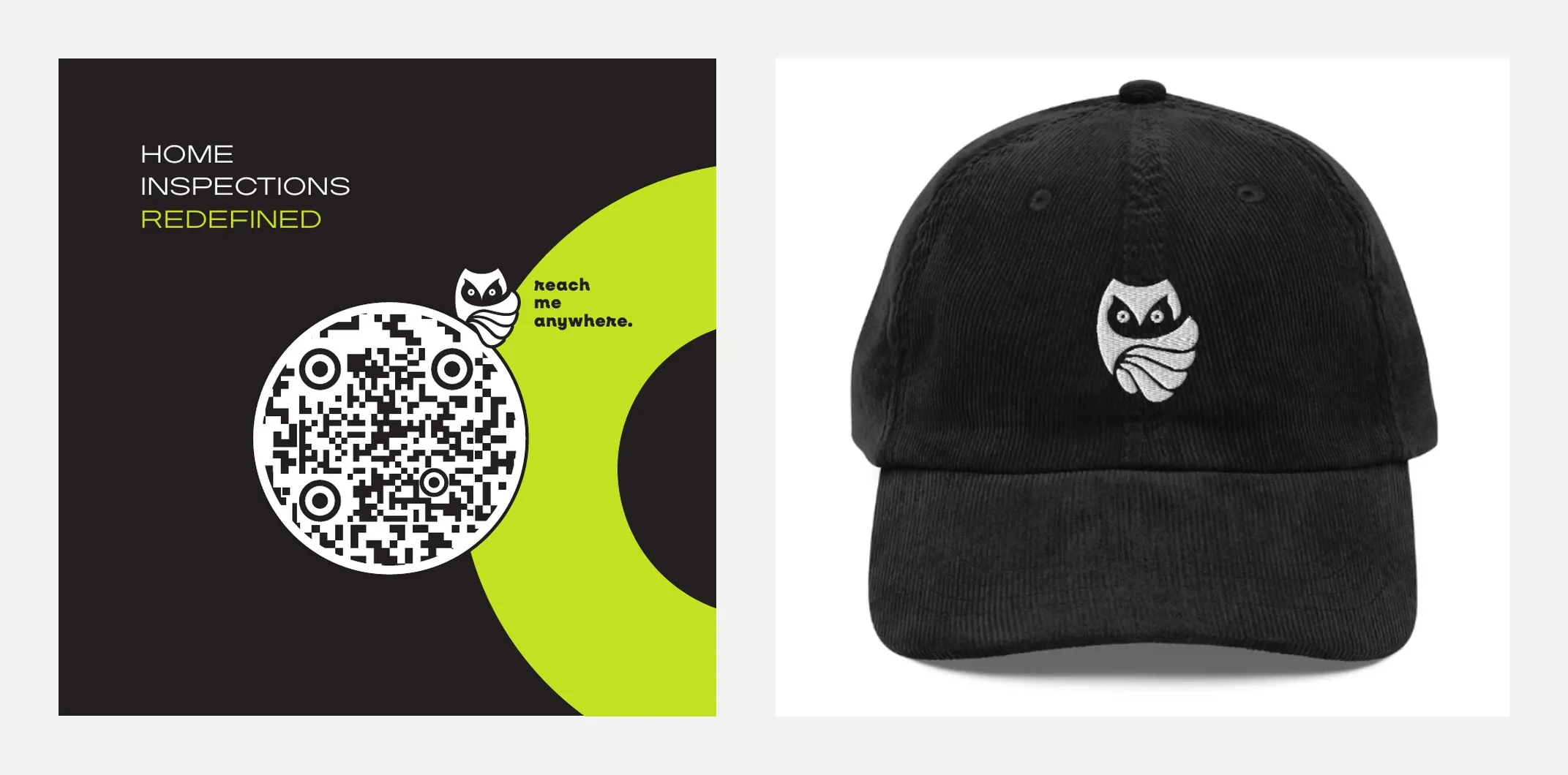 The back of the square Hidden Insights business card, black with a lime ring, a round QR code and the owl saying "reach me anywhere", beside a black corduroy cap with the owl embroidered in white.
