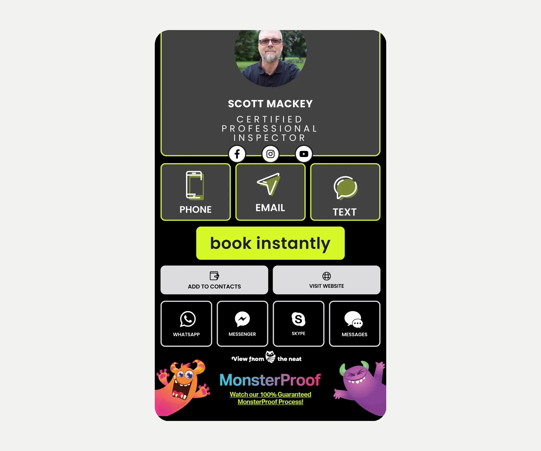 The Hidden Insights contact web app on a phone. Under the inspector's photo and title, large lime-outlined buttons for phone, email and text, a bright "book instantly" button, add to contacts, visit website, and messaging shortcuts, with a playful MonsterProof promo at the bottom.