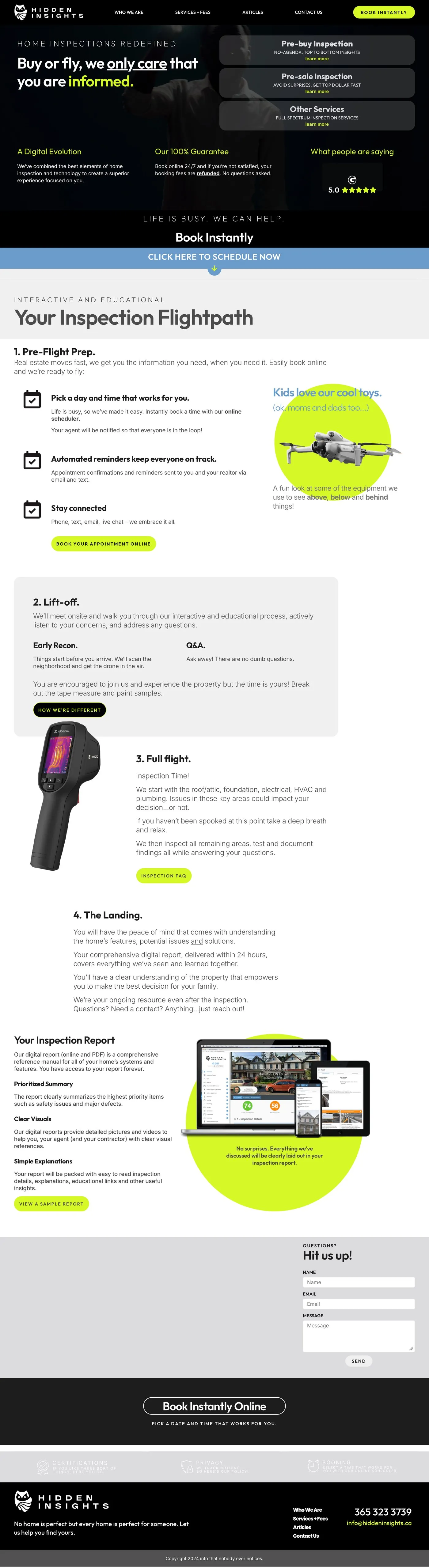 The full Hidden Insights homepage, top to bottom. The black hero with the headline "Buy or fly, we only care that you are informed.", a booking band, Your Inspection Flightpath in four steps (Pre-Flight Prep, Lift-off, Full flight, The Landing) with a drone and a thermal camera, a section on the digital inspection report, a contact form and the footer.