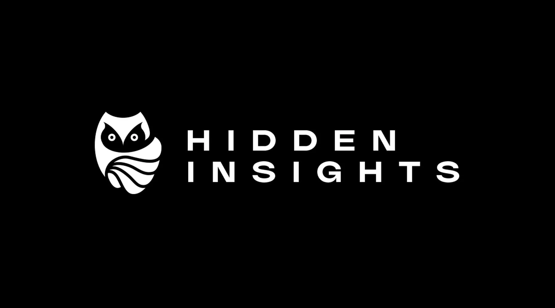 The Hidden Insights logo in white on black. An owl mark with sweeping wing lines beside a widely spaced wordmark.