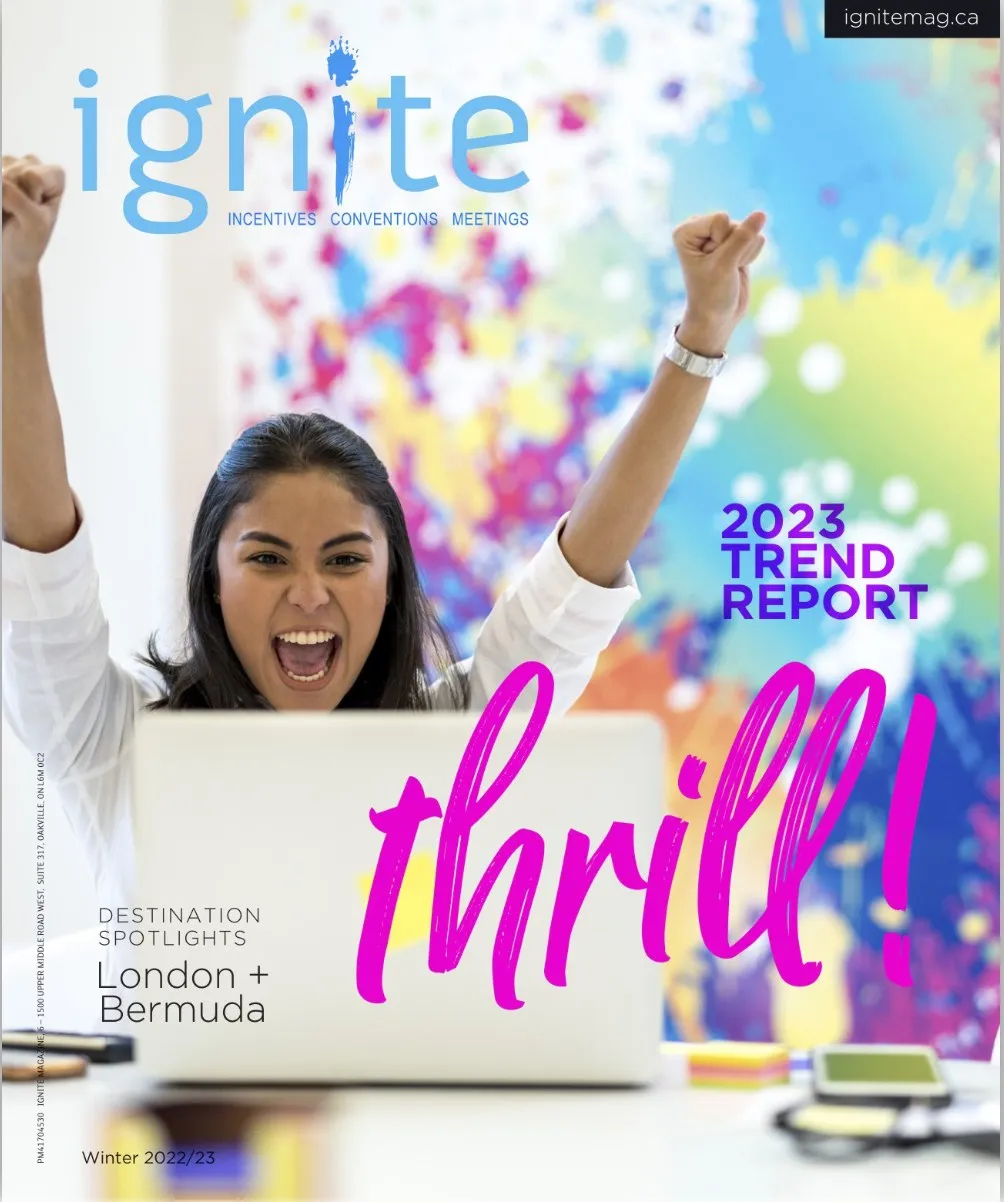 The Winter 2022–23 cover of IGNITE. A woman cheers with her arms raised beside the word thrill in hot pink script.