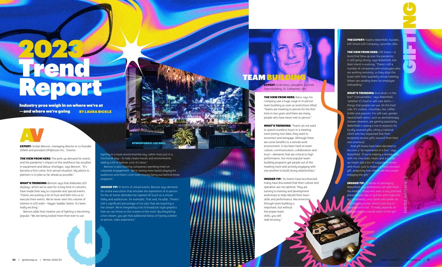 An IGNITE spread opening the 2023 Trend Report, with bold neon shapes and event photos.