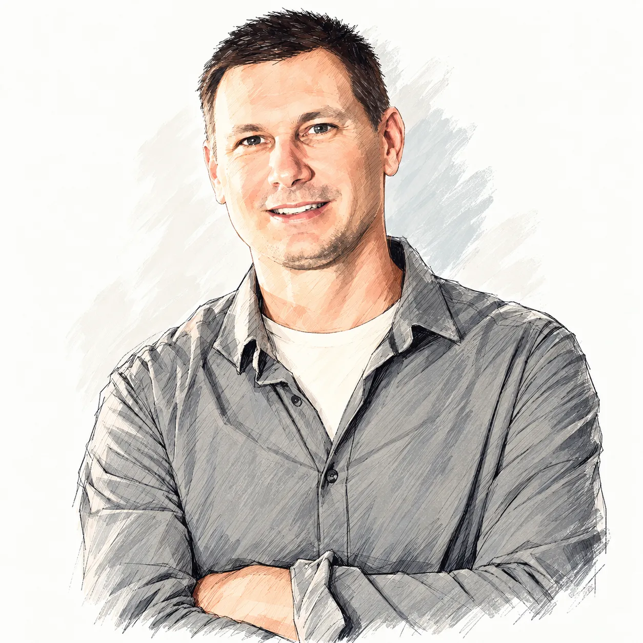 A pen and watercolour sketch of Jason Brown, smiling, arms crossed, in a grey shirt.