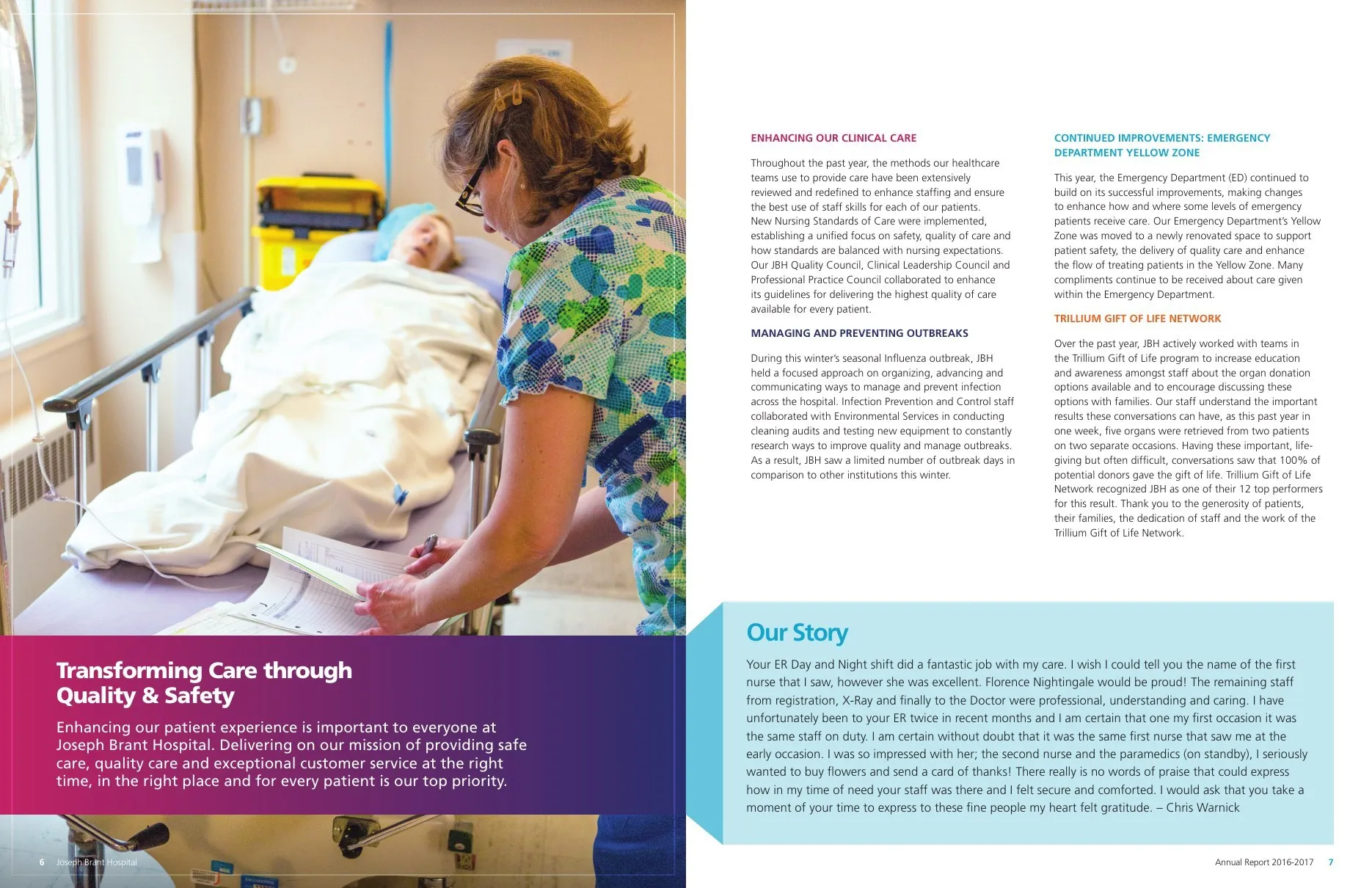 Transforming Care through Quality and Safety, with a nurse at a bedside and a patient story in a blue panel.