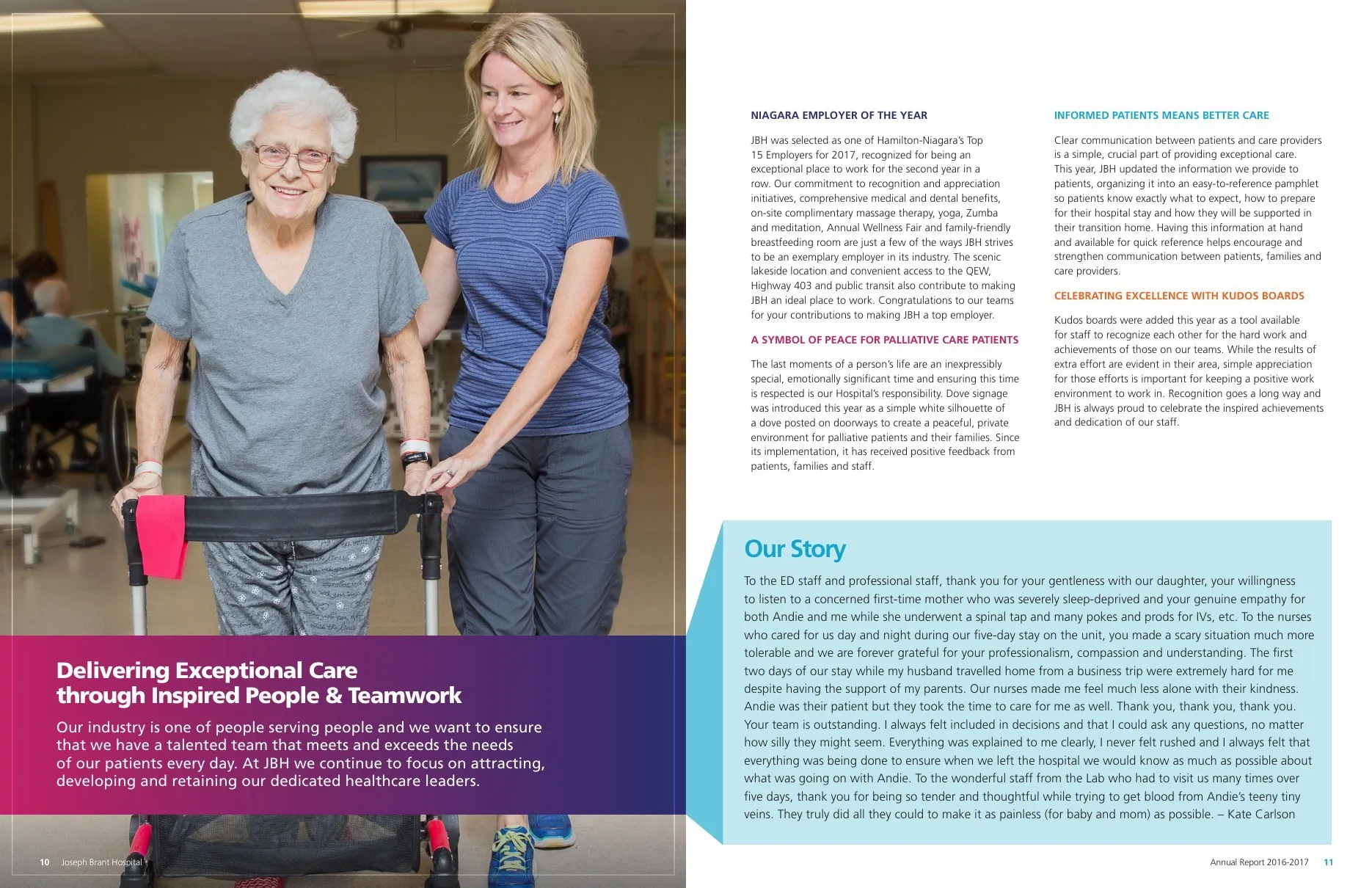 Delivering Exceptional Care through Inspired People and Teamwork, with a patient walking with a physiotherapist.