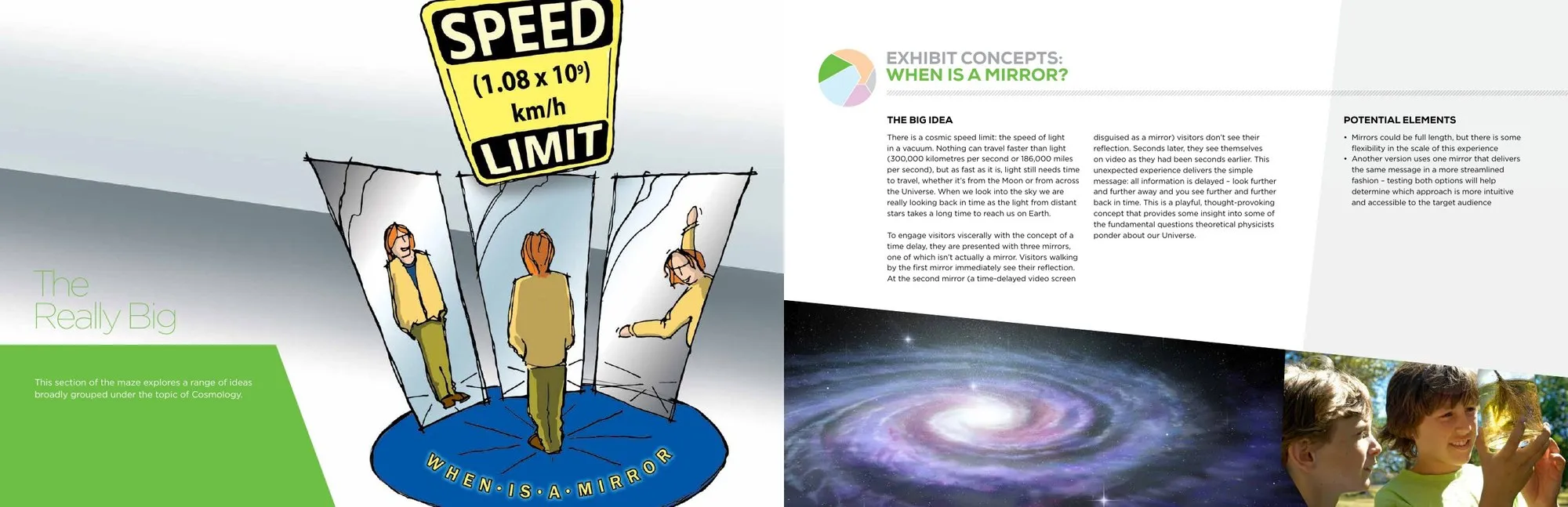 Exhibit concept, When Is a Moment, with an illustrated speed-limit sign and a galaxy.