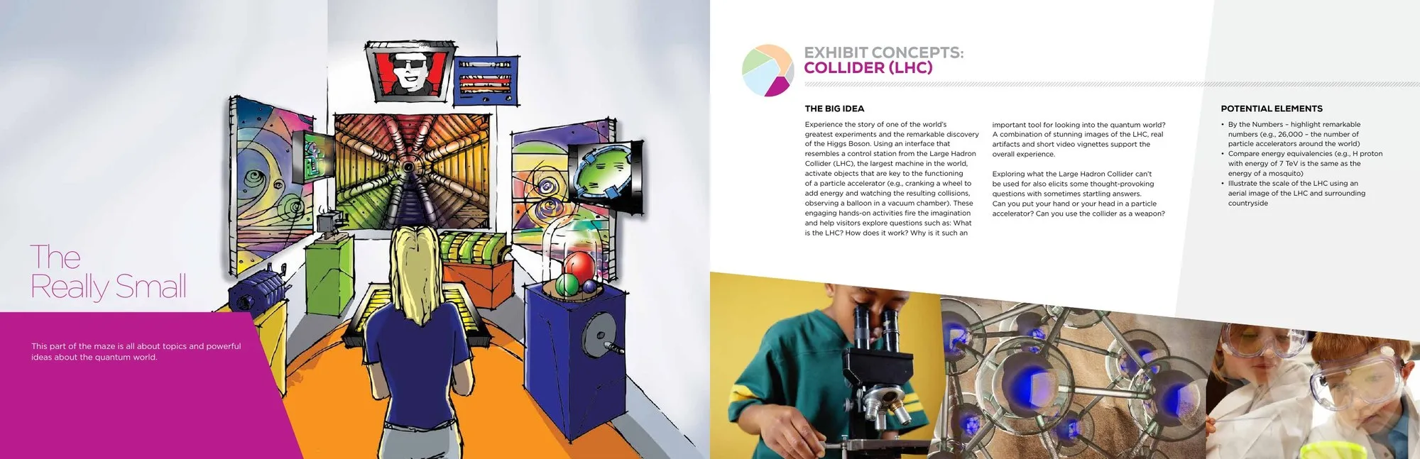 Exhibit concept, The Really Small, with a colourful illustrated gallery space.