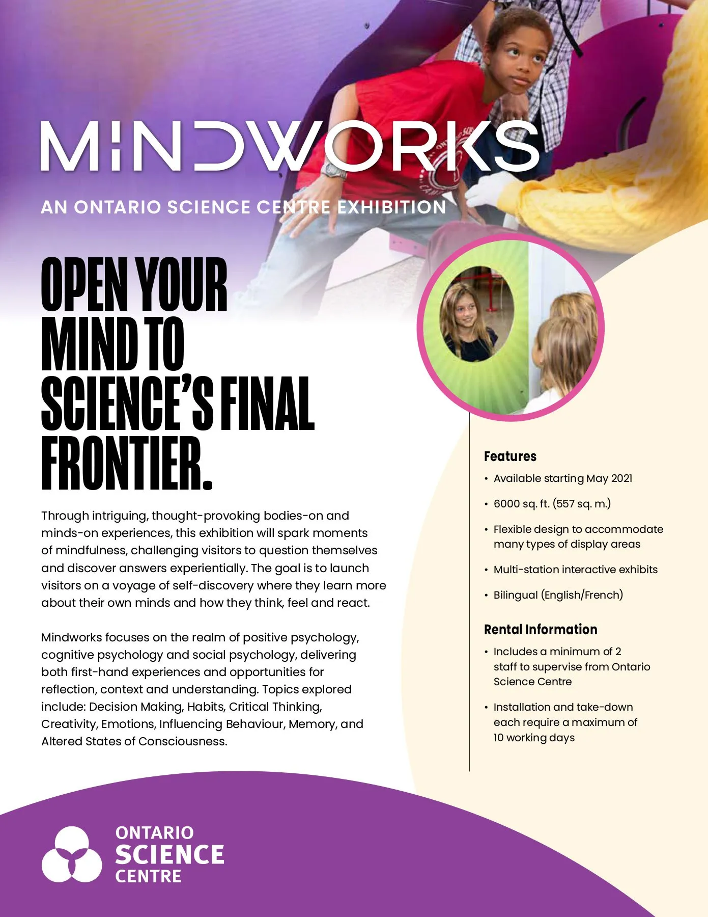 The Mindworks brochure. A purple and orange cover headlined Open Your Mind to Science's Final Frontier.