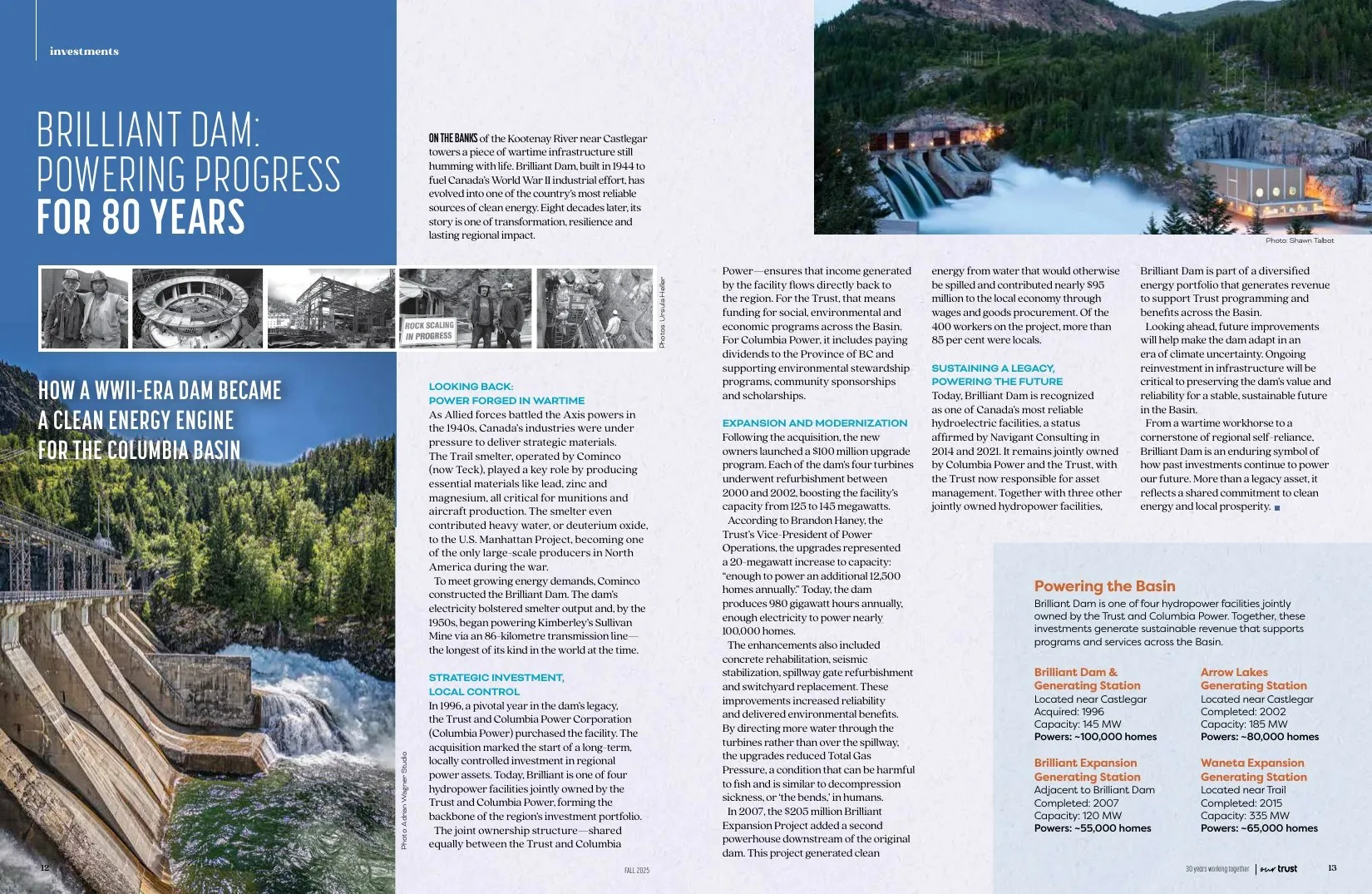 Brilliant Dam, Powering Progress for 80 Years, with a timeline of dam photos.